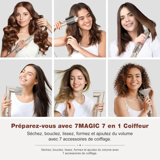 7MAGIC 7 en 1 Airstyler, 1400 W, Sèche-Cheveux Ionique, Brosse à Air Chaud Professionnelle, Fer à Friser Automatique, Lisseur, pour Coiffer, Donner du Volume, Boucler et Lisser, avec Boîte de Voyage 7 en 1 Champagne