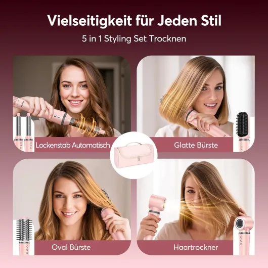 Bopcal Air Styler 5 en 1 avec Sac - 160000 RPM Seche Cheveux Professionnel，Brosse Soufflante avec 500M Ionique, Fers à Boucle Automatique 32mm, Volumineux et Lissante,pour Voyages, Cadeaux Luxe Rose