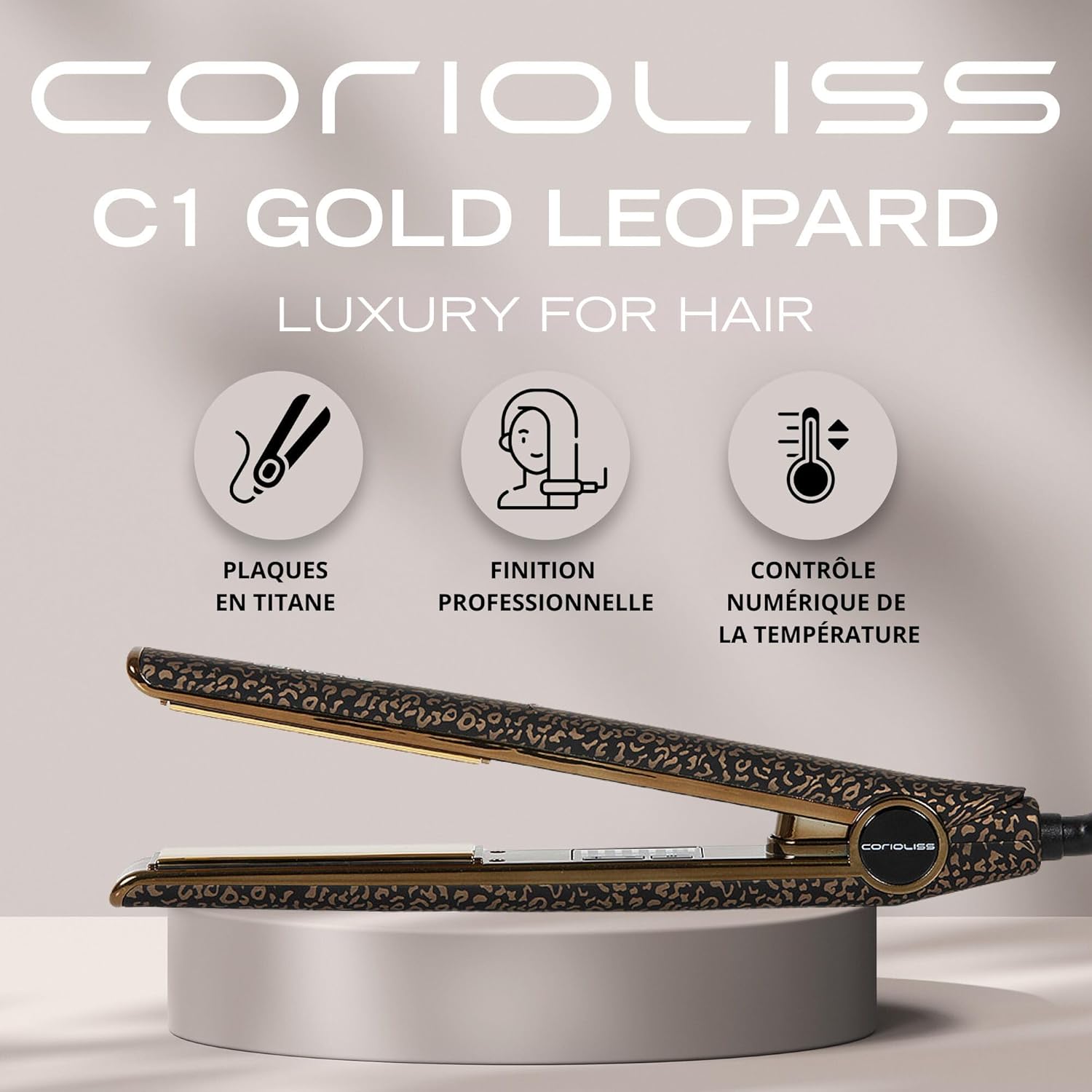 C1 - Lisseur Cheveux Professionnel Titanium - Fer À Lisser Titane - Température 120°C–235°C - Chauffe Rapide 20 S - Parfait Pour Lissage Et Ondulations - Étui De Voyage - Leopard Gold Leopard Gold Soft Touch