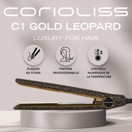 C1 - Lisseur Cheveux Professionnel Titanium - Fer À Lisser Titane - Température 120°C–235°C - Chauffe Rapide 20 S - Parfait Pour Lissage Et Ondulations - Étui De Voyage - Leopard Gold Leopard Gold Soft Touch