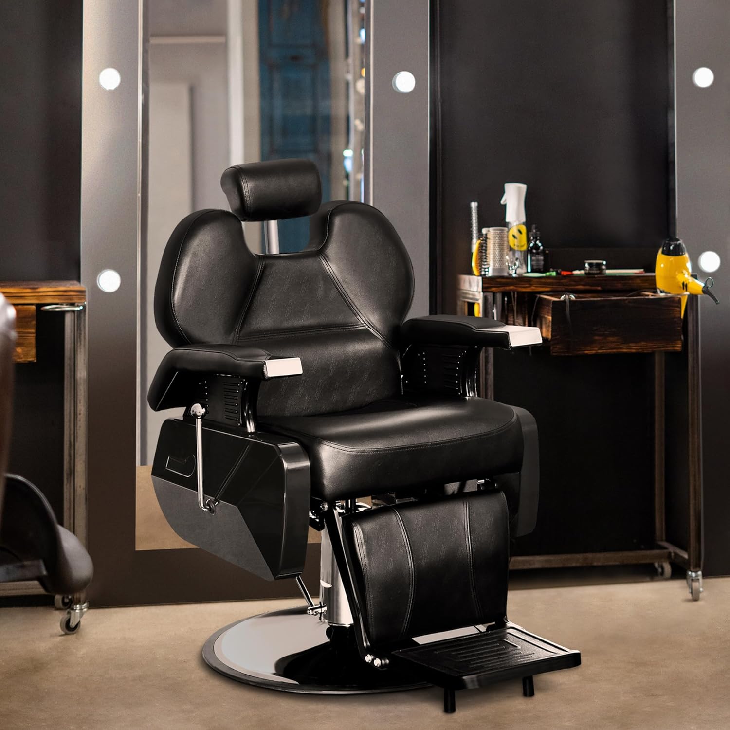 Fauteuil de Coiffure hydraulique allongée 2687BK pour Les Salons de Coiffure Noir Similicuir