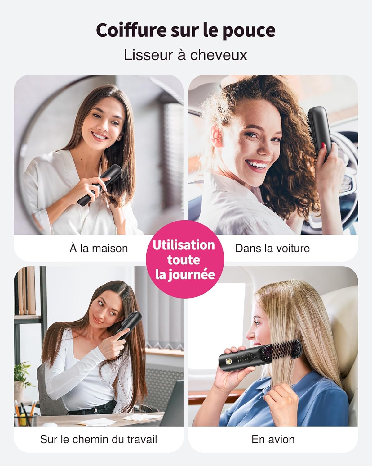Bopcal Brosse Lissante pour Cheveux 10000mAh - 3 in 1 Brosse Lissante Sans Fil, Fer a Lisser 300 Millions d'ions Négatifs, Mini Lisseur 30S Chauffage, Céramique Anti-BrûLure, pour Voyage & Powerbank Noir