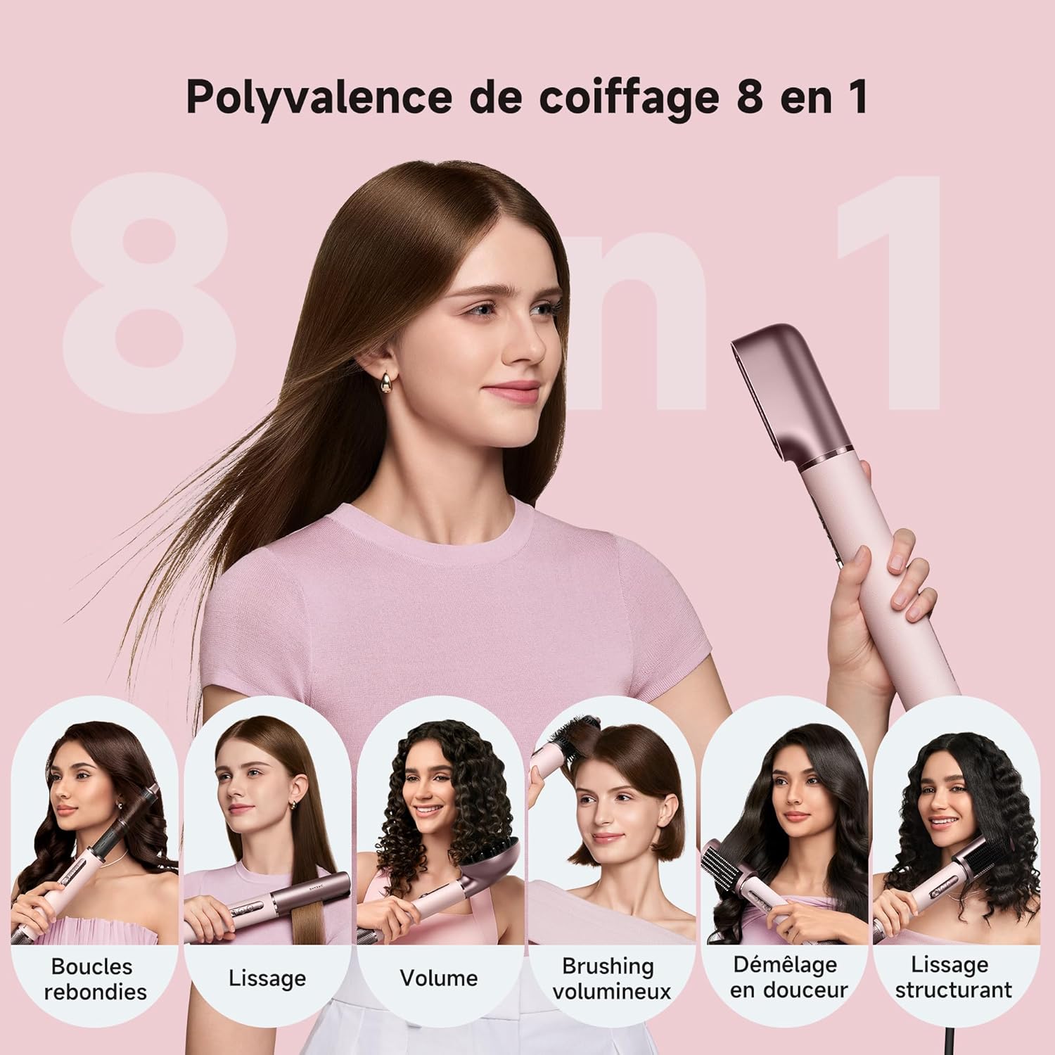 AirStyle Era,Appareil de coiffure multifonctionnel,Coiffage par flux d’air 8-en-1,Séchage rapide,lissage, bouclage,mise en forme et volume,Air froid,Sans dommage thermique,Tous types de cheveux