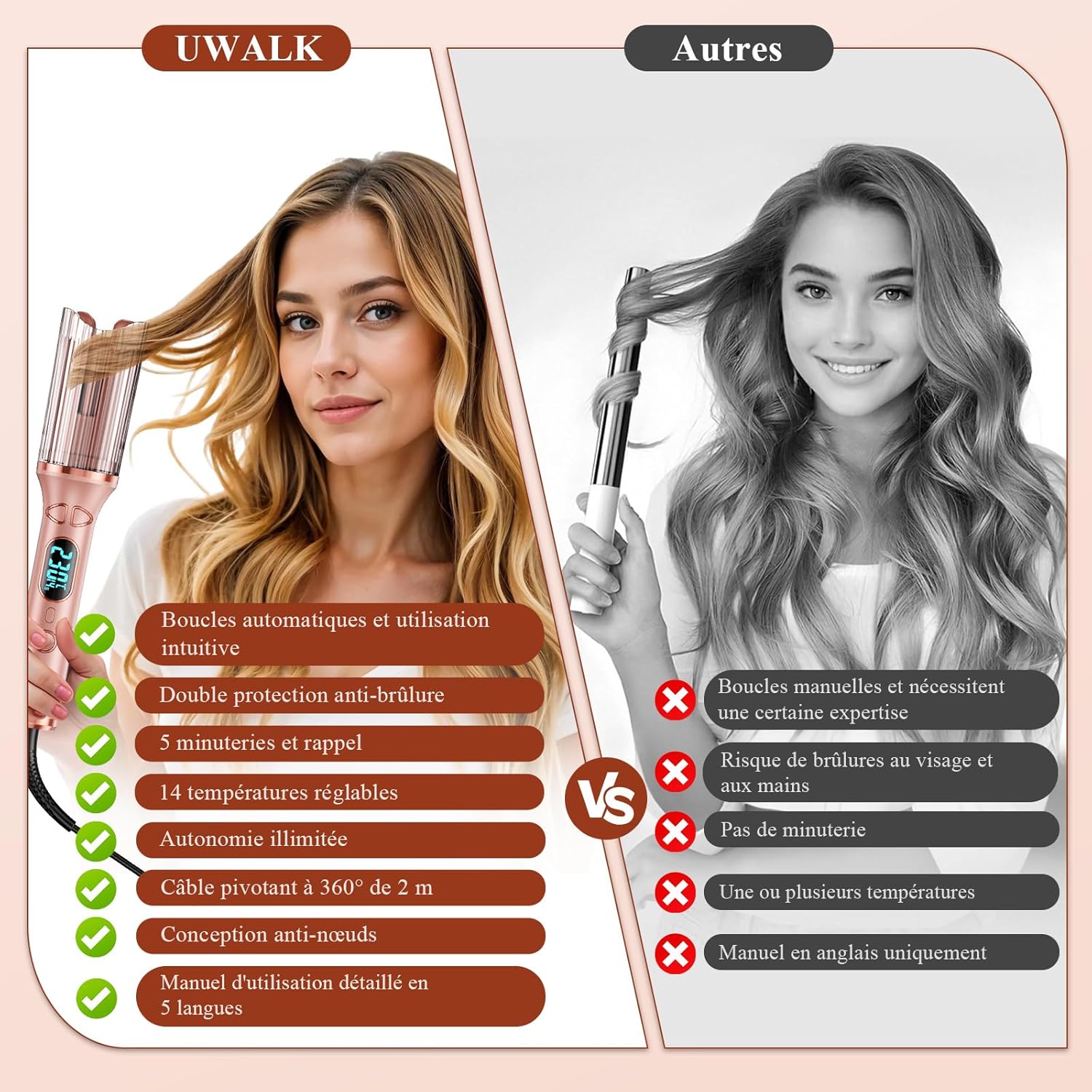 Boucleur a Cheveux Automatique Boucler: 25mm Fer a Boucler Automatique avec 14 Niveaux de Température et 5 Minuteries - Beach Waves Fer à Friser Long Cheveux avec Écran LED, Protection Anti-Brûlure