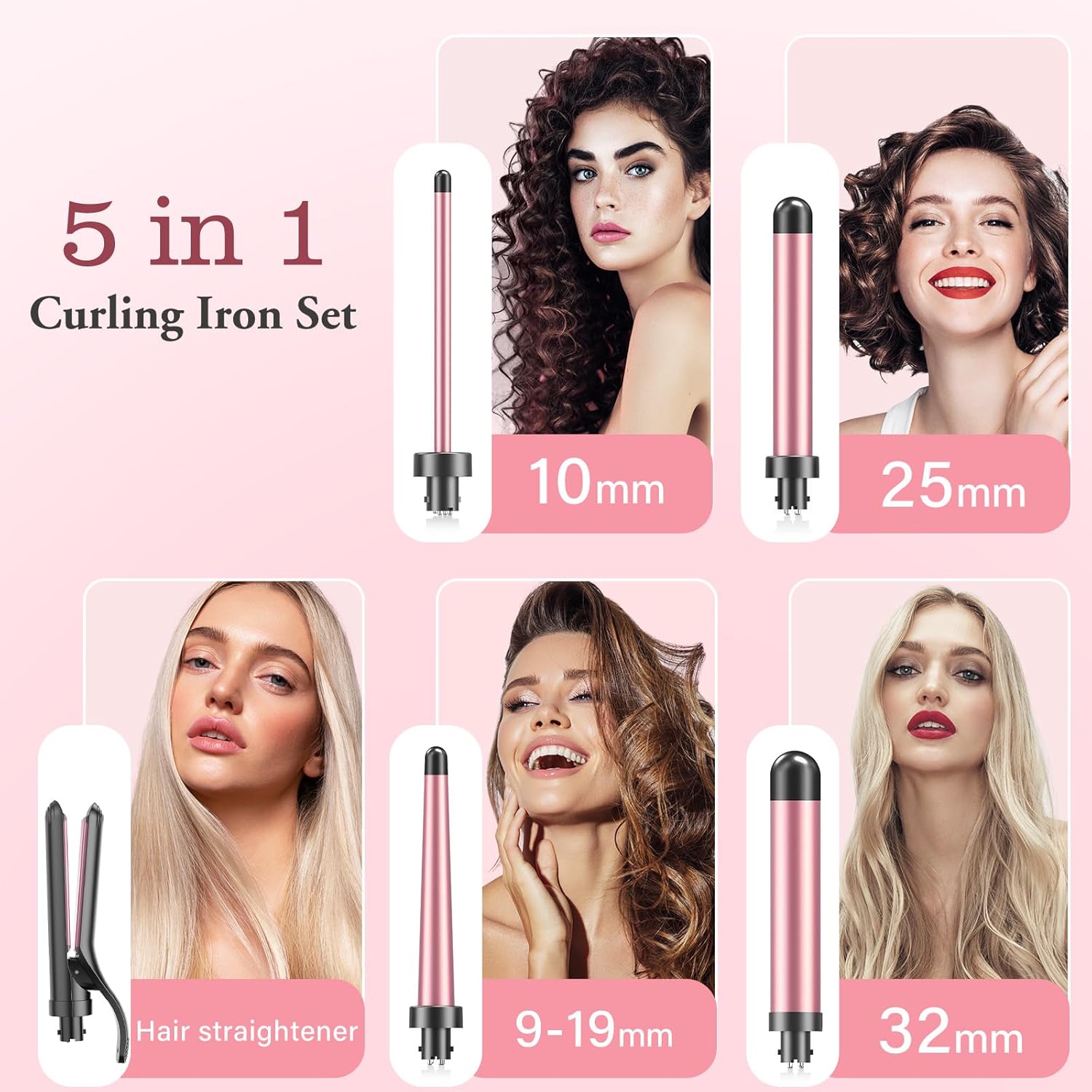 Boucleur à Cheveux 5 en 1 Avec Lisseur - BESTOPE MIX Kit De Bouclage Avec DifféRents Embouts Pour Boucles Fines et éPaisses, DiamèTres De 10 à 32 Mm, Chauffe Rapide, 2 RéGlages De TempéRature Rose