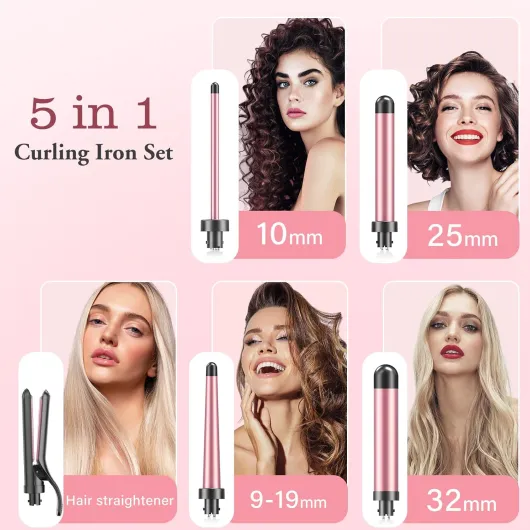 Boucleur à Cheveux 5 en 1 Avec Lisseur - BESTOPE MIX Kit De Bouclage Avec DifféRents Embouts Pour Boucles Fines et éPaisses, DiamèTres De 10 à 32 Mm, Chauffe Rapide, 2 RéGlages De TempéRature Rose
