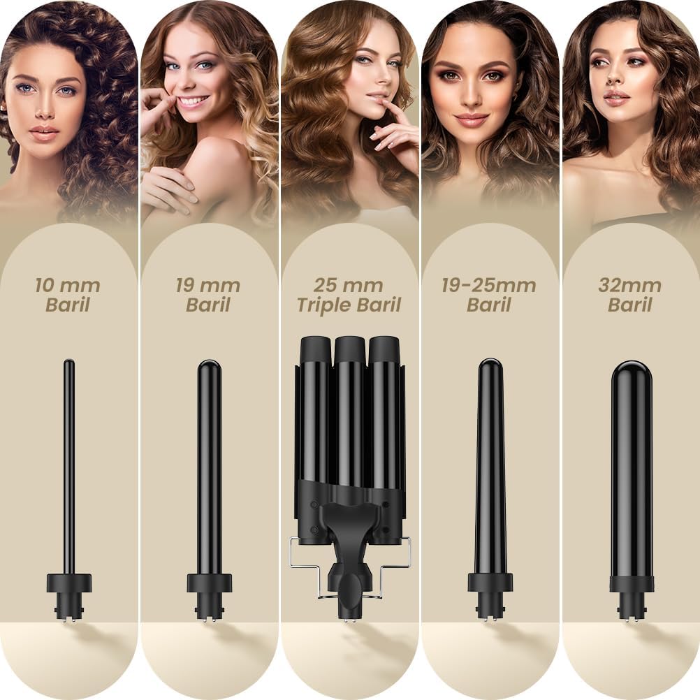 ELEHOT-Store Boucleur a Cheveux 3 Tete à Température Réglable, Fers à Vagues avec Chauffage Rapide PTC, Fer à Friser Ceramique 10-32mm, Fer à Boucler 5 en 1 pour Cheveux Court Longs, 2 Clips 5-en-1 avec 3 tete Noir