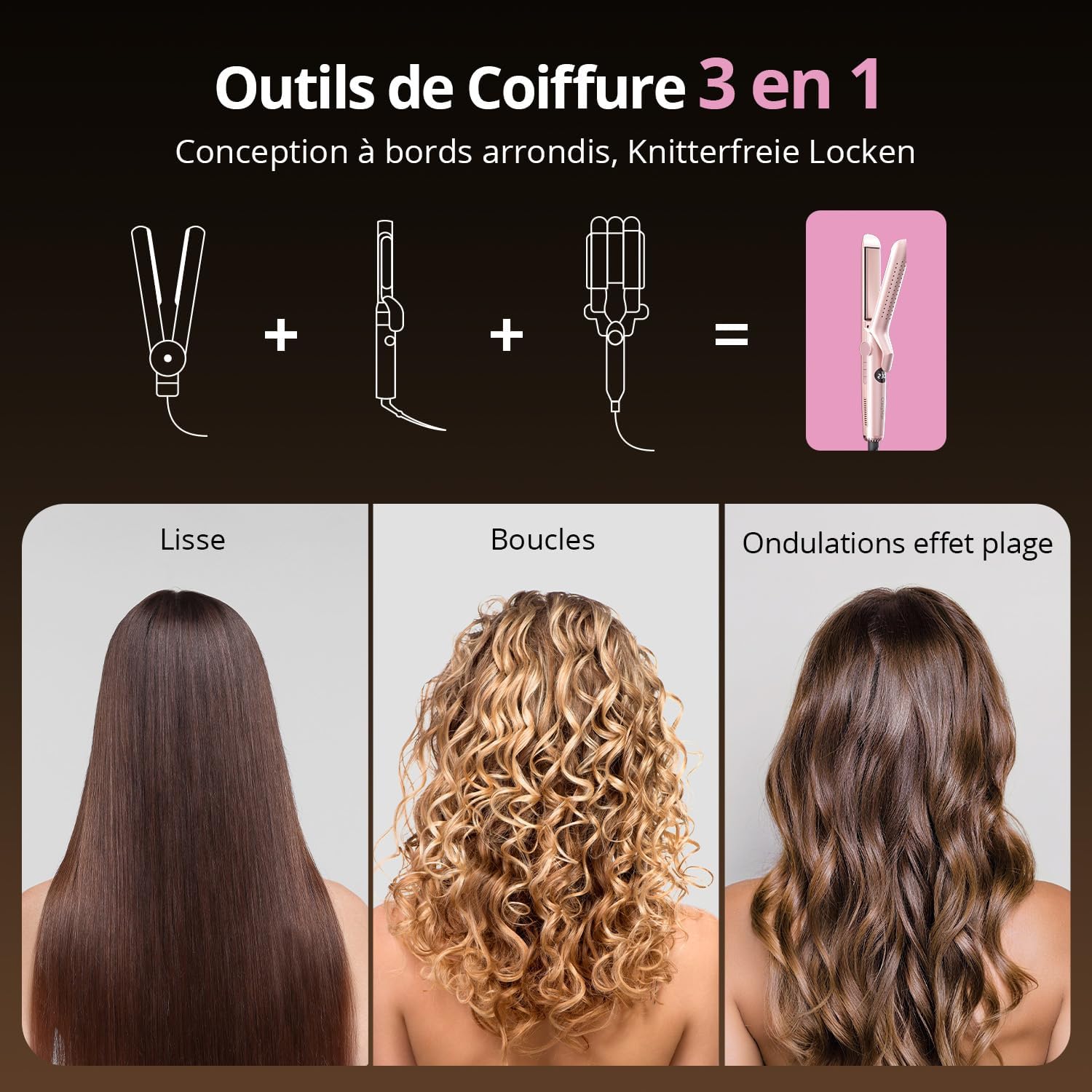 Lisseur à Air Froid et Boucleur Ionique 2-en-1, 9 Températures (110℃-230℃) pour Cheveux Bouclés/Lisses, Appareil de Coiffure Maison et Voyage (Rose)