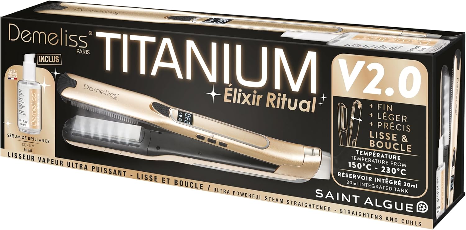 Coffret Lisseur Vapeur Titanium V2.0 Elixir Ritual – 5 Températures – Réservoir 30 ml – Plaques Fines – Peigne Amovible – Écran Digital – Lissage, Boucles, Soin - Accessoire Professionnel