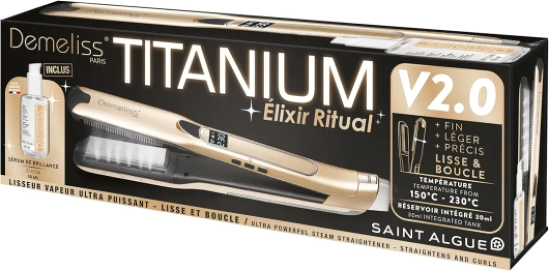 Coffret Lisseur Vapeur Titanium V2.0 Elixir Ritual – 5 Températures – Réservoir 30 ml – Plaques Fines – Peigne Amovible – Écran Digital – Lissage, Boucles, Soin - Accessoire Professionnel