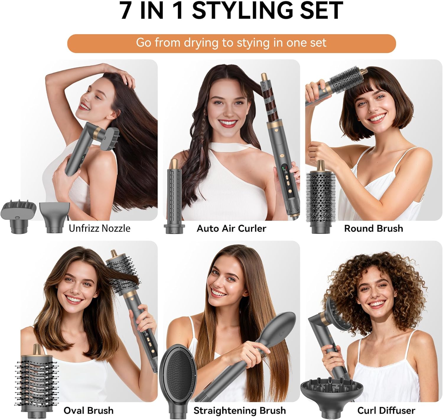 Air Brush 7 en 1, Air Styler 7 en 1, Hair Styler 110000 TR/MIM avec Seche Cheveux, Boucleur Automatique Diffuseur Brushing Soufflante Buse Anti-frisottis pour Sécher, Boucler, Lisser 1300W Gris
