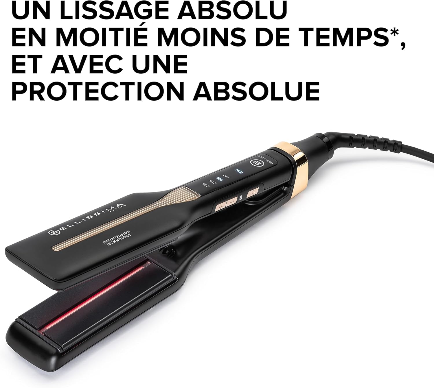 Lisseur Absolute - Fer à Lisser Infrarouge – Pour Cheveux épais - Plaque Céramique et Kératine - 4 Températures, Plaques Souples, Design Arrondi, Chauffage Rapide & Sac Rangement Noir et Or