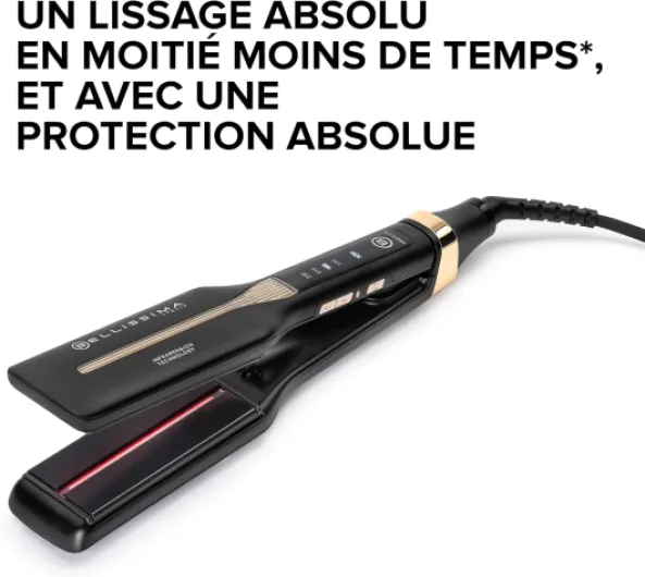 Lisseur Absolute - Fer à Lisser Infrarouge – Pour Cheveux épais - Plaque Céramique et Kératine - 4 Températures, Plaques Souples, Design Arrondi, Chauffage Rapide & Sac Rangement Noir et Or