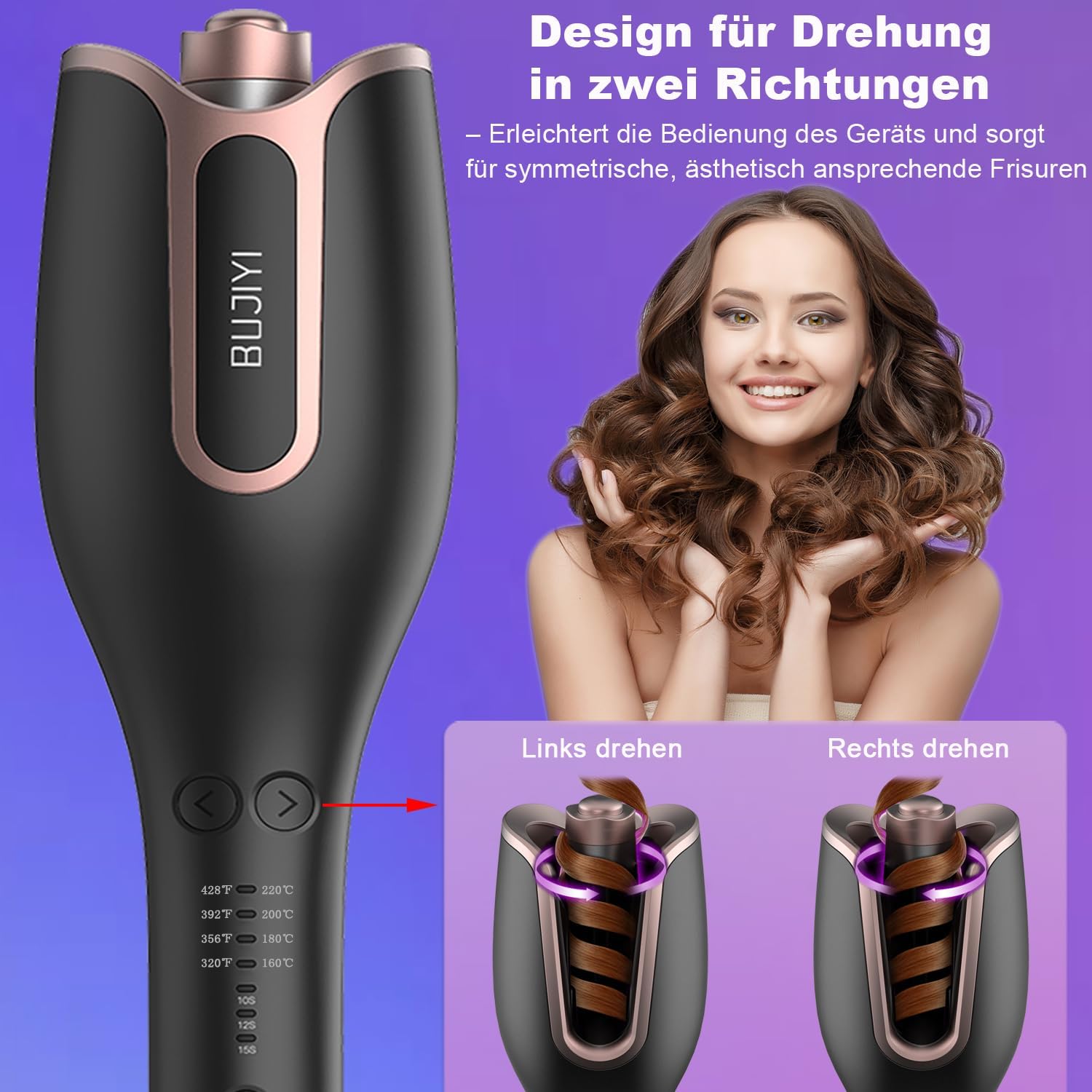 Boucleur a Cheveux, Boucleur Automatique, 4 Réglages de Température, Convient à Tous Les Types de Cheveux, 3 Temps de Chauffage Réglables, Fer à Boucler Professionnel Pour Salon (Noir)