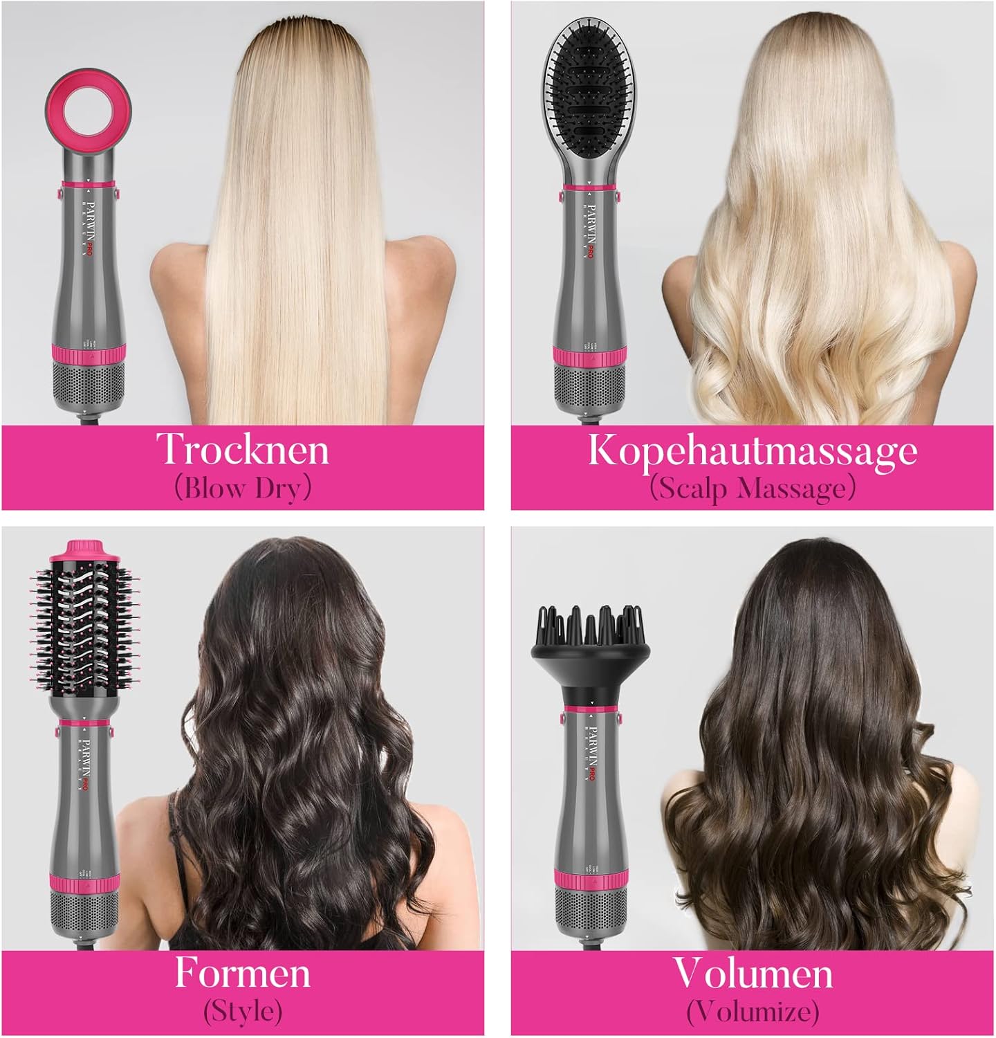 Ensemble de Styler 4 EN 1, PARWIN PRO BEAUTY Brosse Soufflante et Sèche Cheveux, avec Accessoires, Sécher, Lisser, Donner du Volume Coiffer, Seche Cheveux Soins Ioniques, 1000W (GRIS)