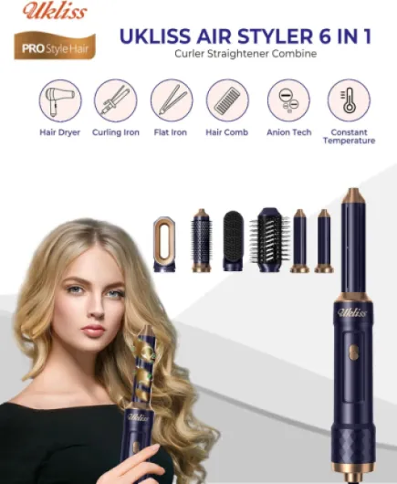 6 in 1 Hairstyler, UKLISS Brosse Chauffante Brushing & 1000W SèChe-Cheveux avec Boucleur a Air, Brosse Lissante Chauffante, Thermal Brush, Airbrush Multistyler Cadeaux pour Femmes Styling - Blu Bleu