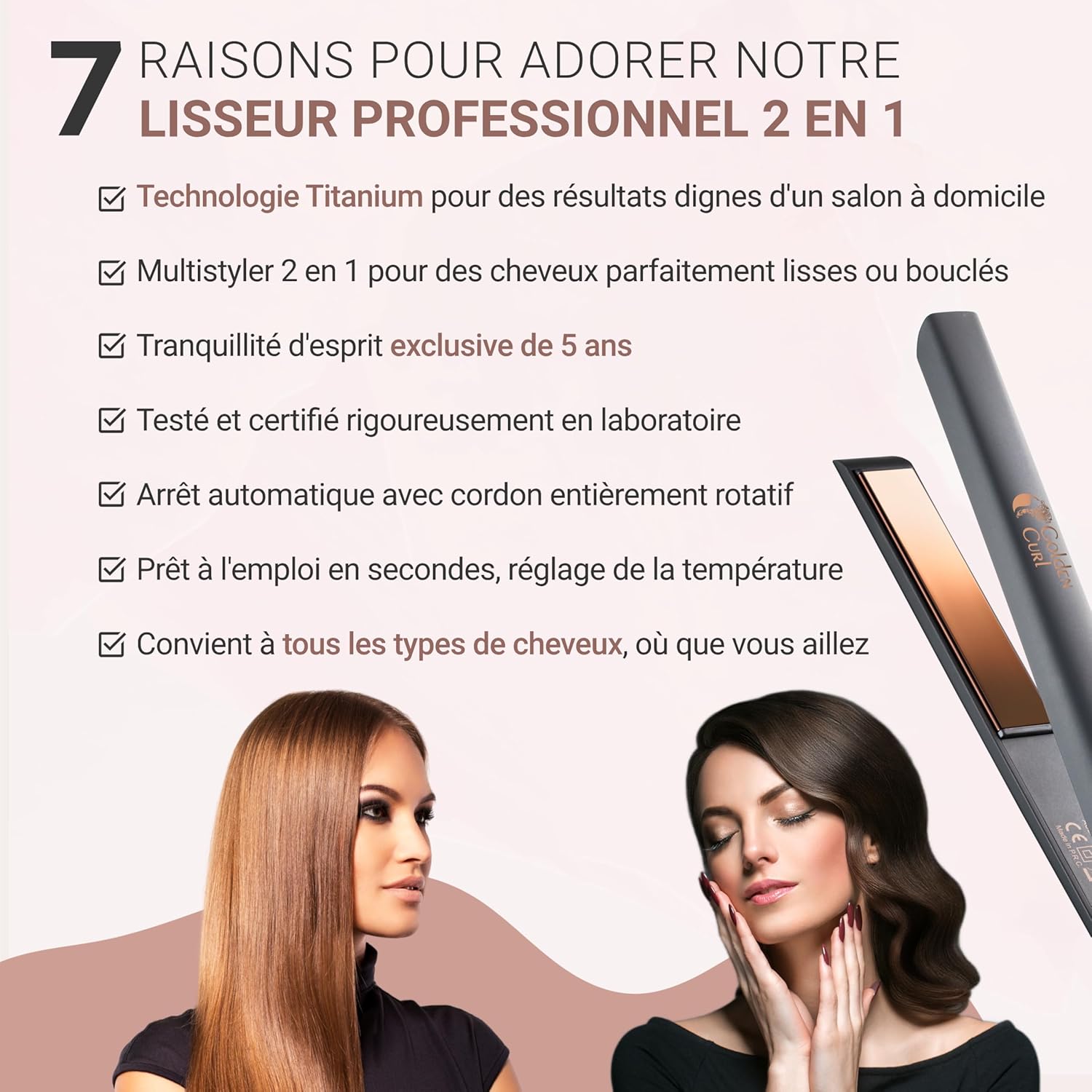 Golden Curl Fer Lisseur Cheveux Professionnel - 5 Ans de Tranquillité - Fer à Lisser et Boucleur Cheveux 2 en 1 - Appareil de Coiffure Hair Straightener pour Lisser et Boucler (Rose Gold Control) Or Rose Contrôle