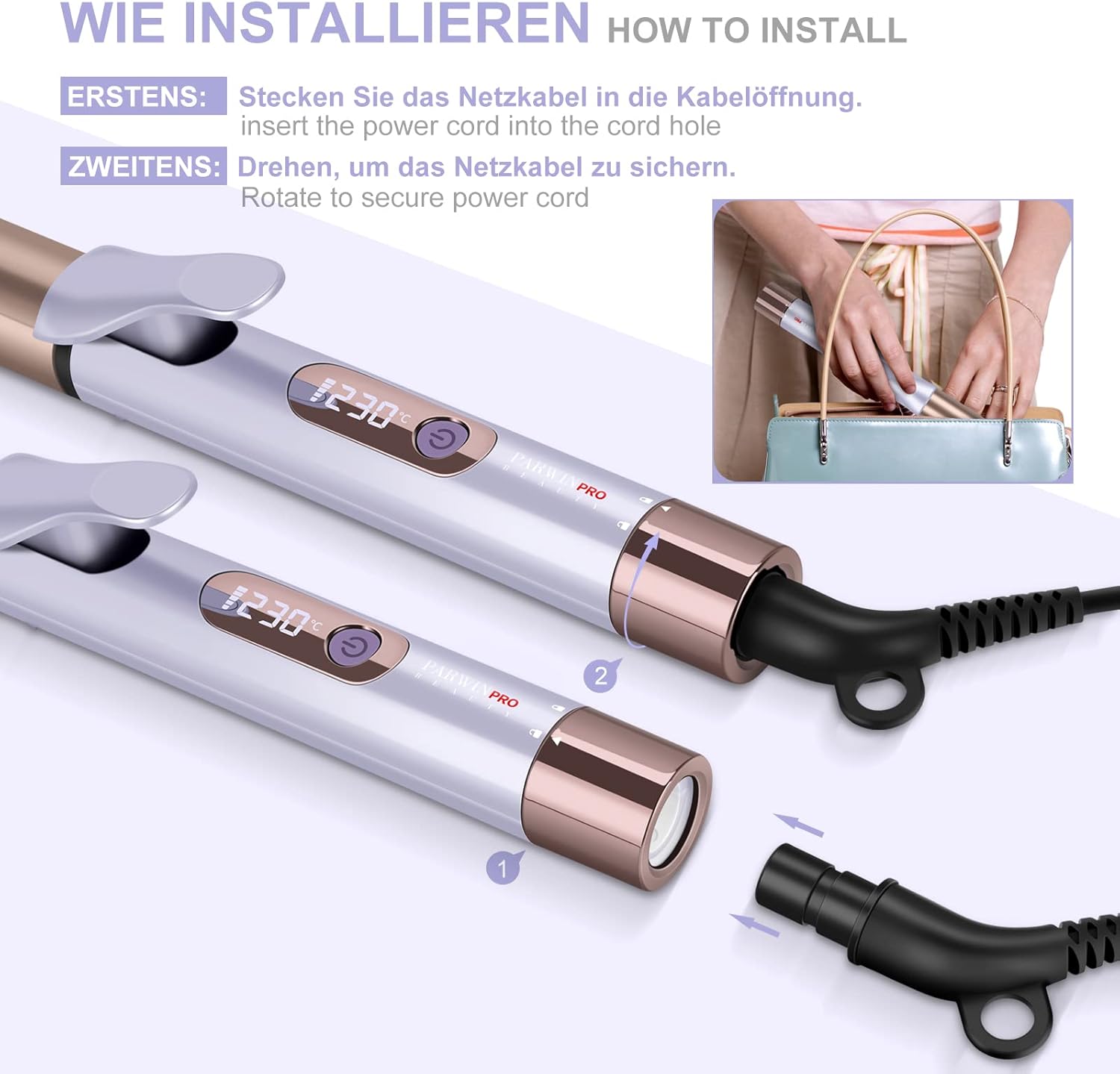 Ensemble De Coiffure Professionnel 3 En 1, Comprend Un -Lisseur Cheveux 25 MM -Boucleur 32 MM -Rosse Lissante, Contrôle De La Température Par Led Et Chauffage Instantané Violet