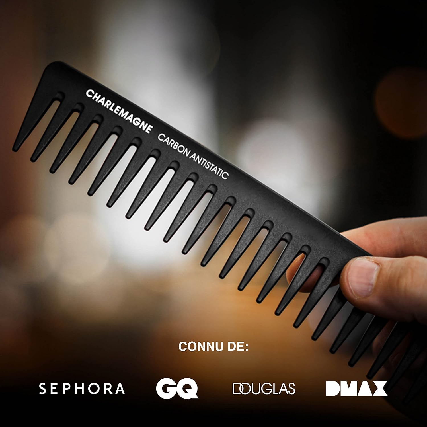 Peigne cheveux avec dents larges de Charlemagne - En carbone premium pour cheveux et barbe - Résistant et antistatique - 19cm - Pour hommes Argent