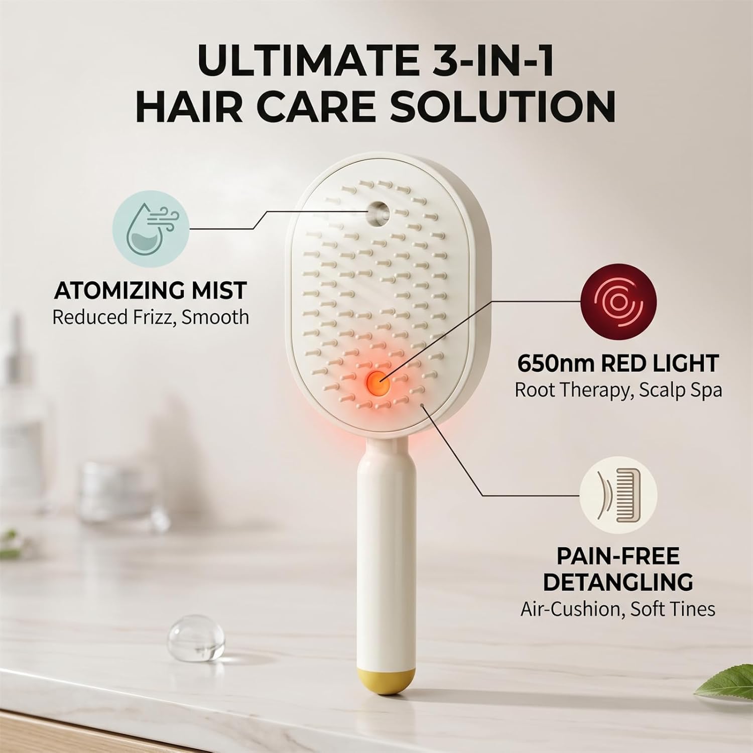Electric Spray Air Cushion Comb for Women,3-in-1 Detangling Rechargeable Essential Oil Hair Steam Brush,Anti-Static Misting Hair Brushing Tool with Red Light for Dry Frizzy Hairs (Beige)