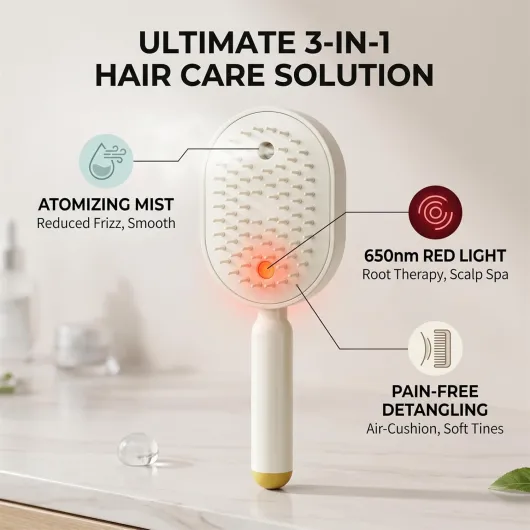 Electric Spray Air Cushion Comb for Women,3-in-1 Detangling Rechargeable Essential Oil Hair Steam Brush,Anti-Static Misting Hair Brushing Tool with Red Light for Dry Frizzy Hairs (Beige)