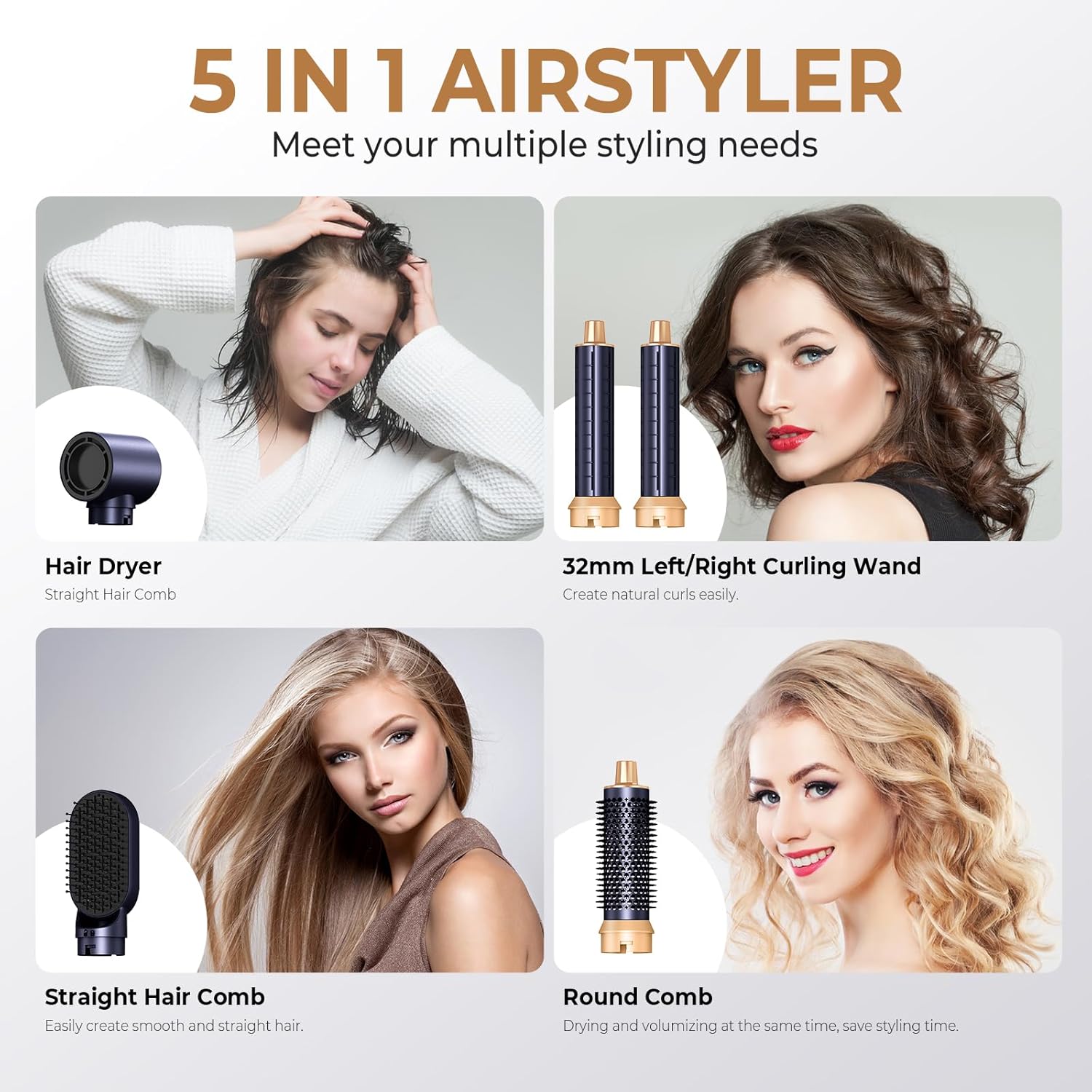 Air Brush 5 en 1, Hair Styler Airbrush 5 en 1 avec Seche Cheveux, Brosse Soufflante, Fer a Boucler, Thermal Brush, Brosse Lissante Seche Cheveux 5 en 1 pour Sécher, Boucler, Lisser Bleu Gold