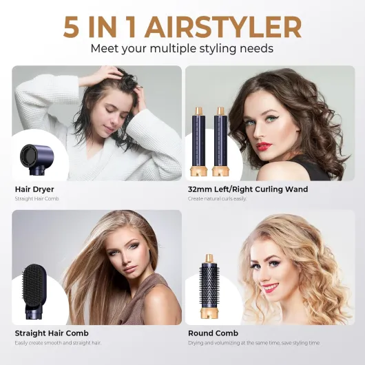 Air Brush 5 en 1, Hair Styler Airbrush 5 en 1 avec Seche Cheveux, Brosse Soufflante, Fer a Boucler, Thermal Brush, Brosse Lissante Seche Cheveux 5 en 1 pour Sécher, Boucler, Lisser Bleu Gold