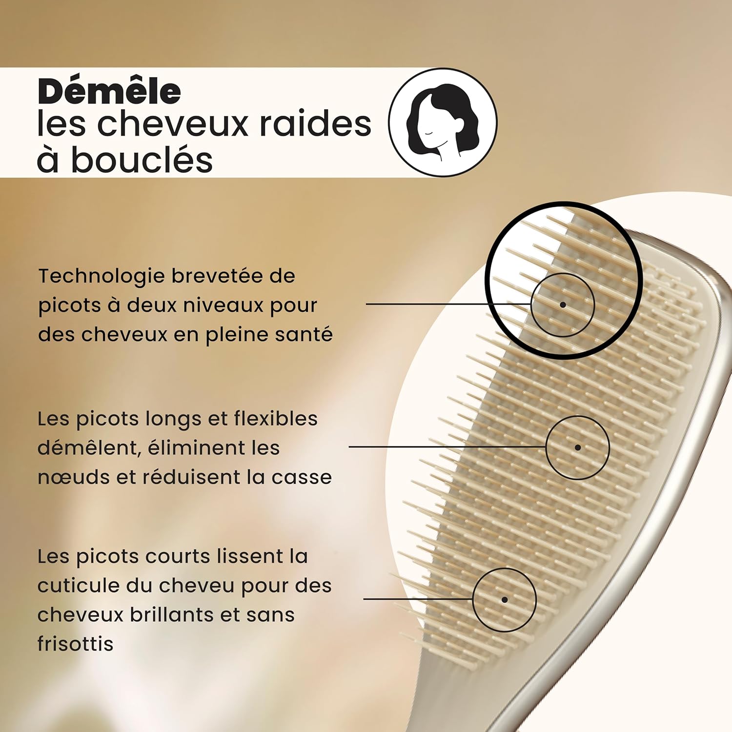 Ultimate Detangler, Brosse à Cheveux Démêlante pour Cheveux Secs et Mouillés, Picots à 2 Niveaux, Réduit la Casse, Élimine les Nœuds, Tous Types de Cheveux, Or Champagne Chrome