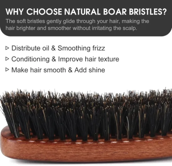 Brosse à cheveux en poils de sanglier pour femme homme et enfant à démêler et coiffer, naturels pour cheveux fins, brosse à barbe, manche en noyer noir (Rouge-marron)