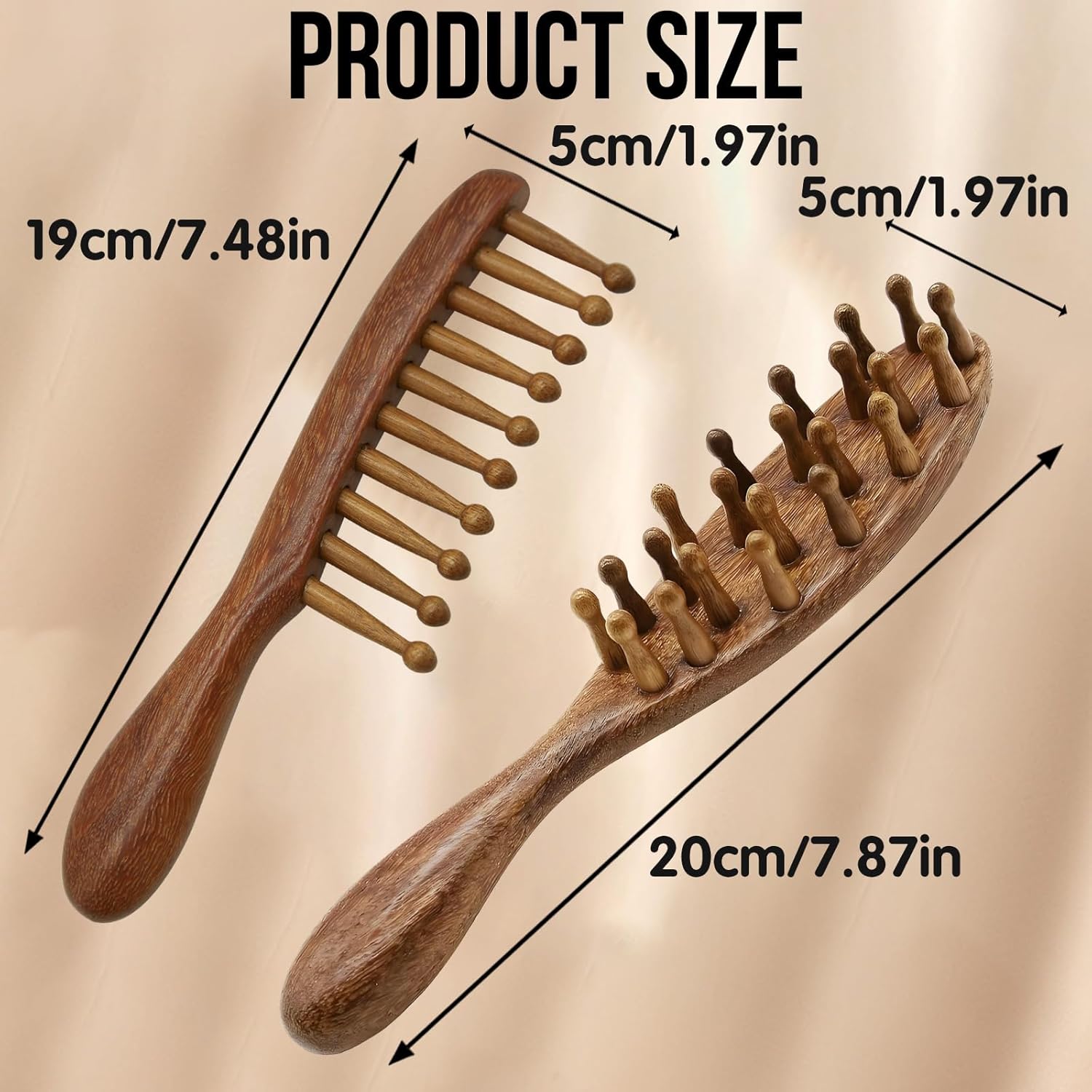 Lot de 2 brosses à dreadlocks en bois de santal doré à dents larges pour un massage du cuir chevelu, un démêlage doux et une poignée confortable pour soulager la fatigue.