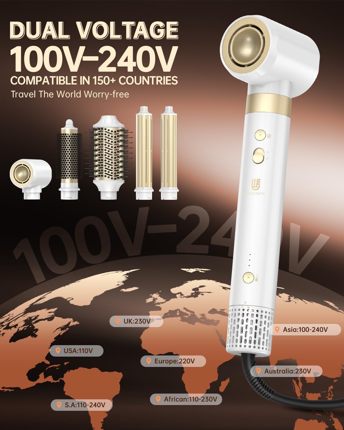 Webeauty Double Tension 6in1 Airstyler Nouvelle Mise à Jour,110,000TR/Min,30M/S,1400W Sèche Cheveux avec Brosse Soufflante,Brosse Ronde,Boucleur Automatique,500 Millions d'ions Négatifs, Blanc Blanc-100-240v