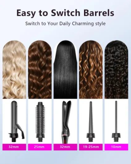 Fer à Boucler 5 en 1 avec Brosse Thermique et Barils Céramiques Interchangeables (0,35"-1,25"), Set de Fer à Boucler avec Lisseur Chauffage Instantané Double Tension, Cadeaux pour Femmes