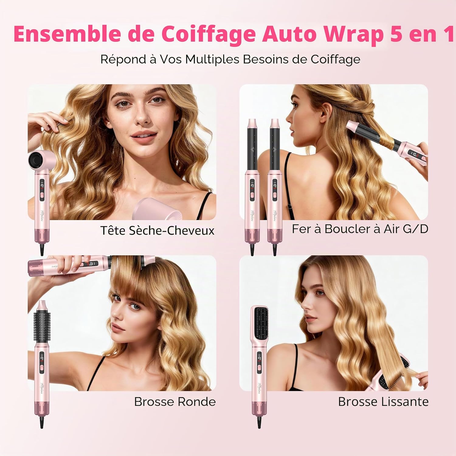 Brosse Soufflante 5 en 1 Air Styler Pro Hair styler avec Écran LCD Seche Cheveux, Brosse Souflante, Brosse Seche Cheveux, Fer à cheveux, Air Wand Wrap, Brosse Brushing Soufflante Rose