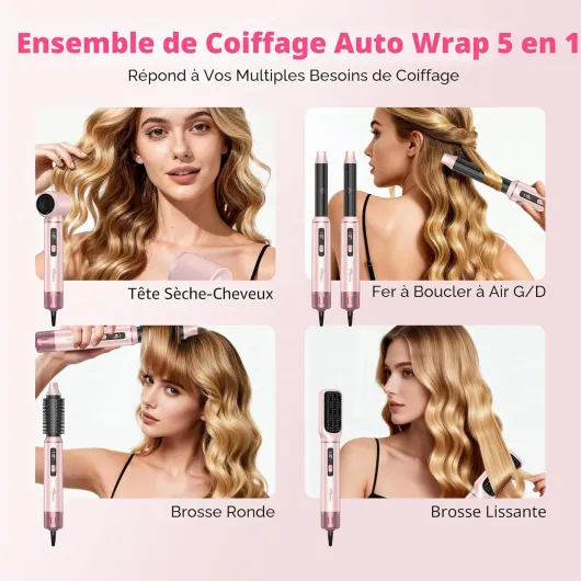 Brosse Soufflante 5 en 1 Air Styler Pro Hair styler avec Écran LCD Seche Cheveux, Brosse Souflante, Brosse Seche Cheveux, Fer à cheveux, Air Wand Wrap, Brosse Brushing Soufflante Rose