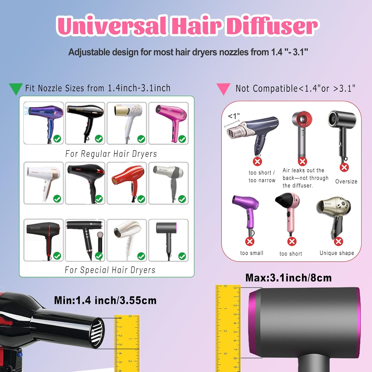 Diffuseur Professionnel Universel pour Sèche-Cheveux (Embout 3,5-8 cm), Diffuseur Cheveux Bouclés Compatible Méthode Curly pour Bouclés/Ondulés – Sans Frisottis & Volume, Usage Maison et Voyage – Noir
