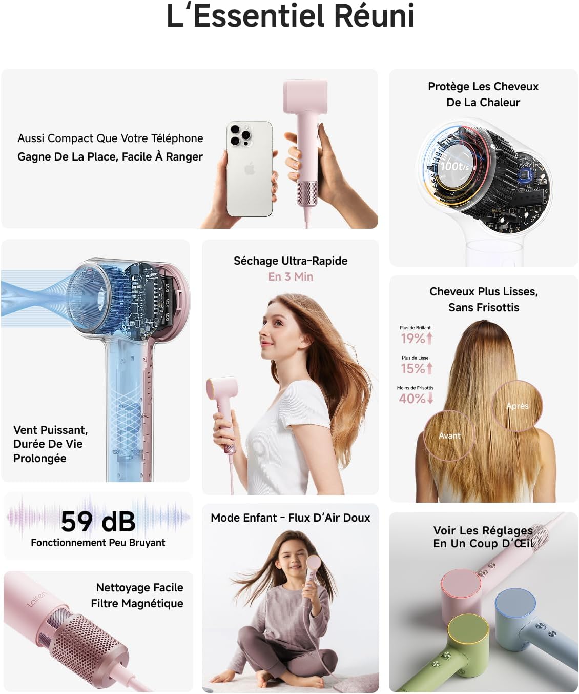 Mini Sèche-cheveux 200M d'Ions Négatifs Moteur Brushless 110K tr/min Séchage Rapide Contrôle Intelligent de Température Mode Enfant Buse Magnétique Bruit Réduit Léger 299g Maison Voyage (Rose) Rose Lait