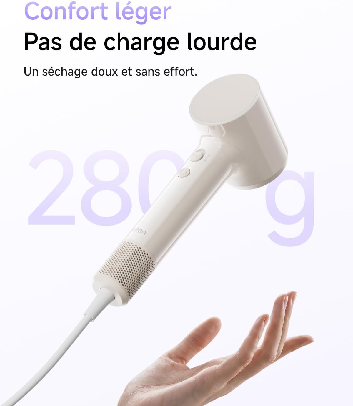 Air Sèche-Cheveux Ultra-Léger 280 g, 200 Millions d'Ions Négatifs, Séchage Rapide en 3 Min, Silencieux 60 dB avec Mode Enfant & Embout Lissant, Idéal pour le Voyage (Beige Thé au Lait)