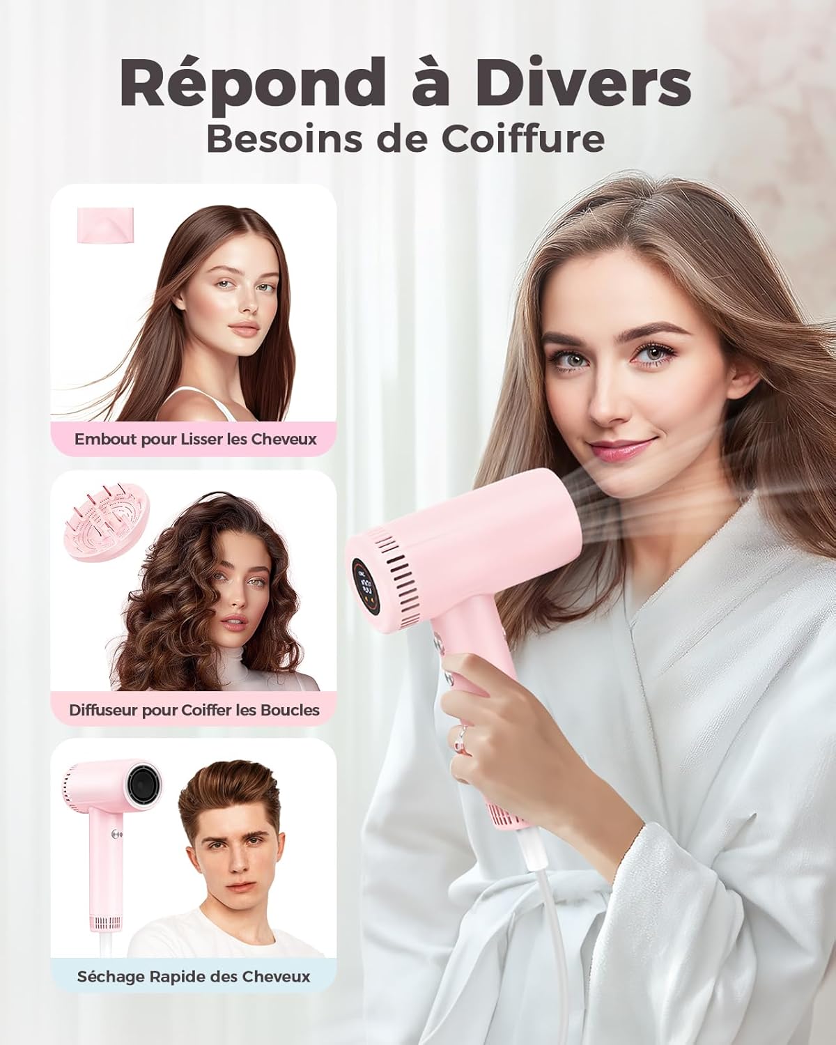 Seche cheveux Ionique Professionnel avec Diffuseur – 160000 TR/Min, Séchage Ultra Rapide, 500 Millions d’Ions Anti-Frisottis, Léger et Silencieux, Température Intelligente, Idéal Maison & Voyage Pink