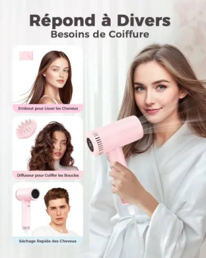 Seche cheveux Ionique Professionnel avec Diffuseur – 160000 TR/Min, Séchage Ultra Rapide, 500 Millions d’Ions Anti-Frisottis, Léger et Silencieux, Température Intelligente, Idéal Maison & Voyage Pink