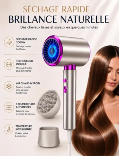 Sèche Cheveux Ionique 2000W Puissant Séchage Rapide Diffuseur Boucles Concentrateur Air Froid 3 Températures 2 Vitesses Léger Compact Anti-Frisottis Usage Quotidien