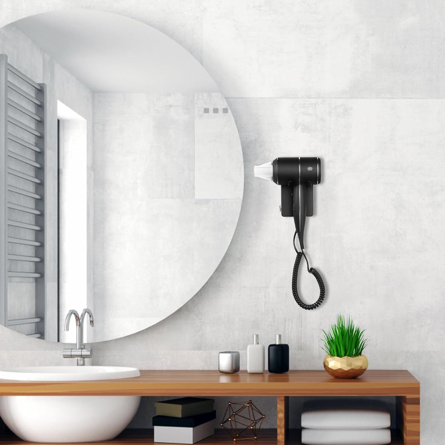 Sèche-cheveux Mural avec Ions et Protection Thermique 2000W - Support et Port USB - pour Maison, Hôtel - Noir mat