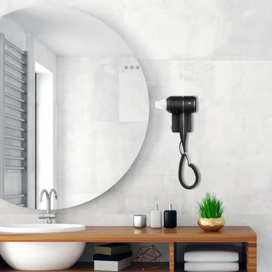 Sèche-cheveux Mural avec Ions et Protection Thermique 2000W - Support et Port USB - pour Maison, Hôtel - Noir mat