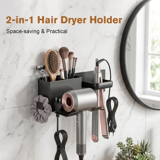 Porte Seche Cheveux Mural, Porte Seche Cheveux sans Percage, Support Seche Cheveux et Lisseur, pour Hôtel, Salon, Chambre à Coucher de Salle de Bain (Noir)