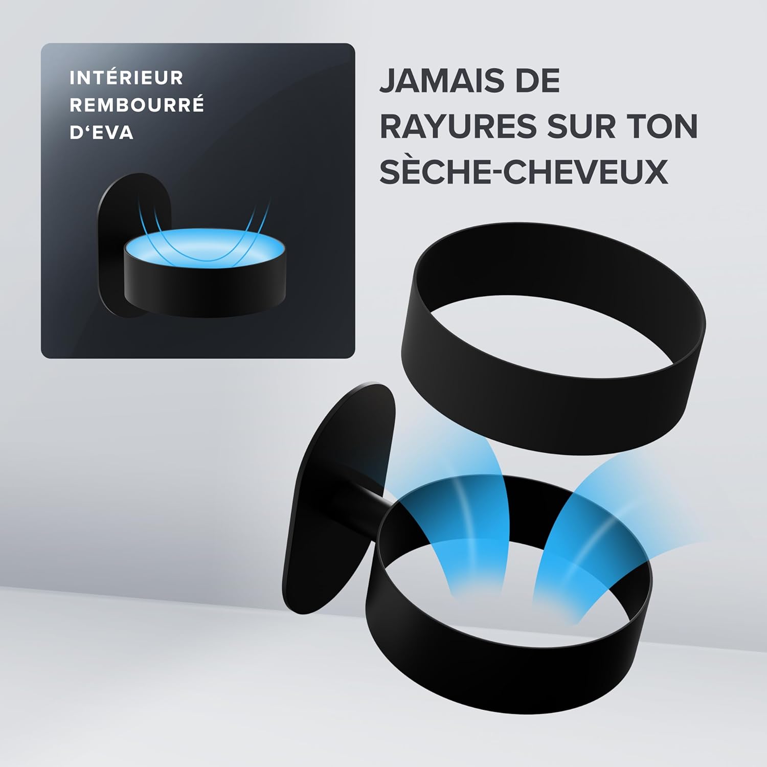 Porte-sèche-Cheveux Kvitoya - Acier Inoxydable - Noir Mat - avec Montage Mural sans percer - avec Rembourrage - à Coller - Support pour sèche-Cheveux dans la Salle de Bains Noir Pour coller