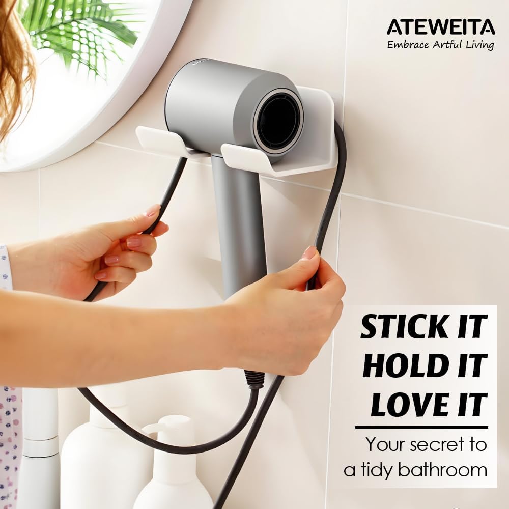 Support Sèche-Cheveux sans Perçage, Porte-Sèche-Cheveux Mural à Coller, Organisateur de Salle de Bain, Hair Dryer Holder Wall Mounted, Blow Dryer Holder,1pc White 15*9CM*1