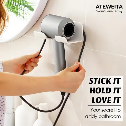 Support Sèche-Cheveux sans Perçage, Porte-Sèche-Cheveux Mural à Coller, Organisateur de Salle de Bain, Hair Dryer Holder Wall Mounted, Blow Dryer Holder,1pc White 15*9CM*1