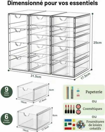 Organisateur de Maquillage avec 15 Tiroirs, Lot de 3 Organisateurs de Bureau, Accessoires de Bureau Transparents, Rangement pour Tiroir Antipoussière pour Maquillage, Bijoux, Stylos, Papeterie