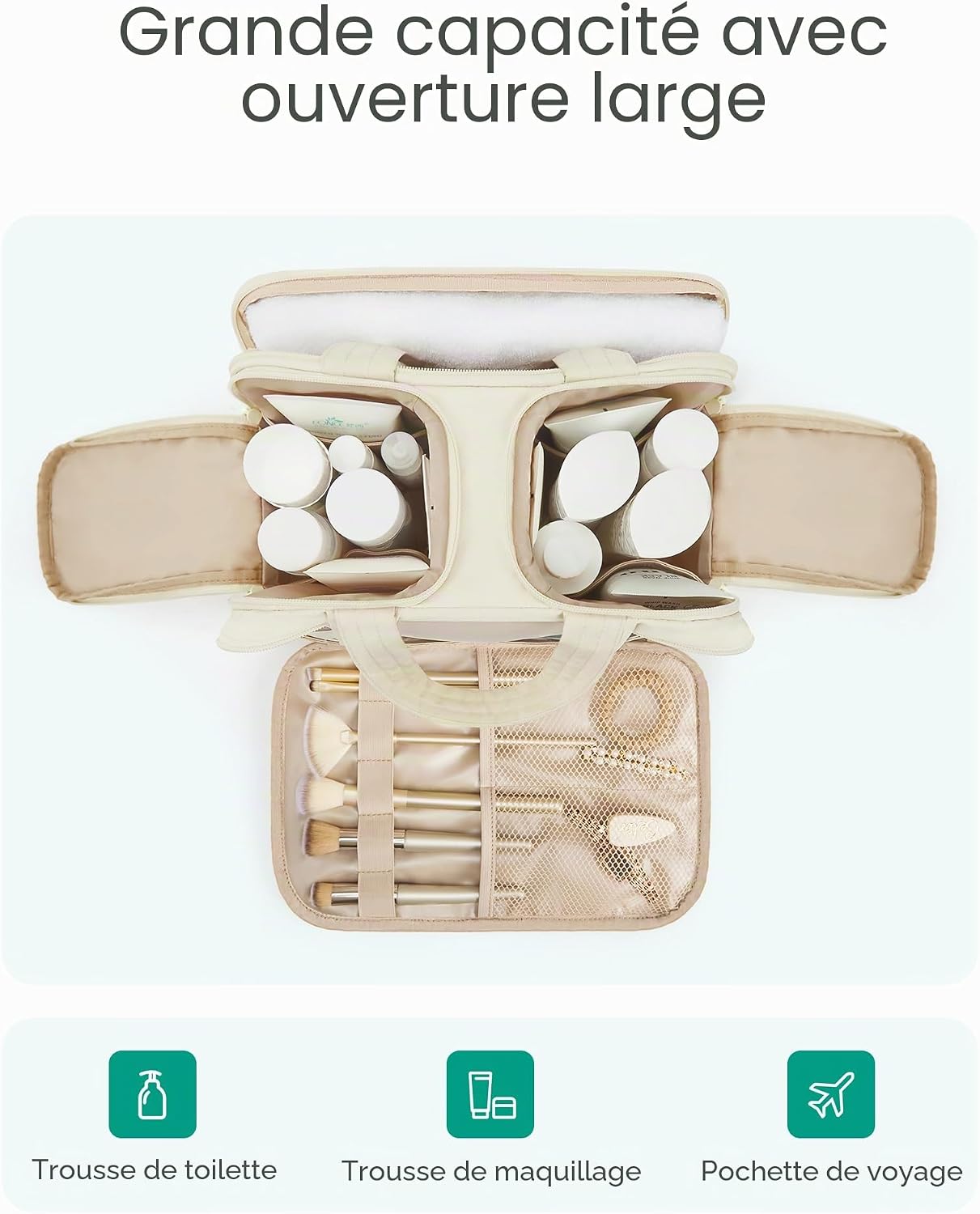 Trousse de Toilette de Voyage, Grande Trousse de Toilette pour Femme, Trousse de Maquillage Légère avec Poignée pour Voyager, Accessoires, Essentiels, Articles de Toilette Noir