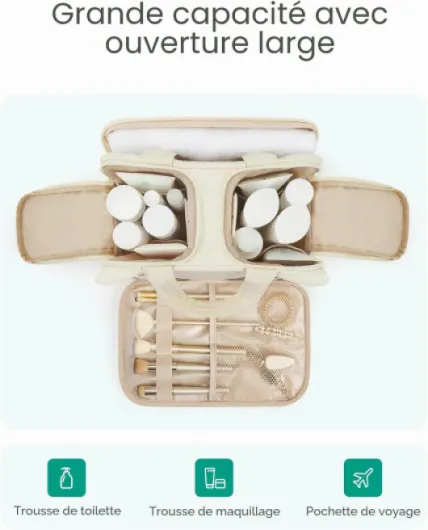 Trousse de Toilette de Voyage, Grande Trousse de Toilette pour Femme, Trousse de Maquillage Légère avec Poignée pour Voyager, Accessoires, Essentiels, Articles de Toilette Noir
