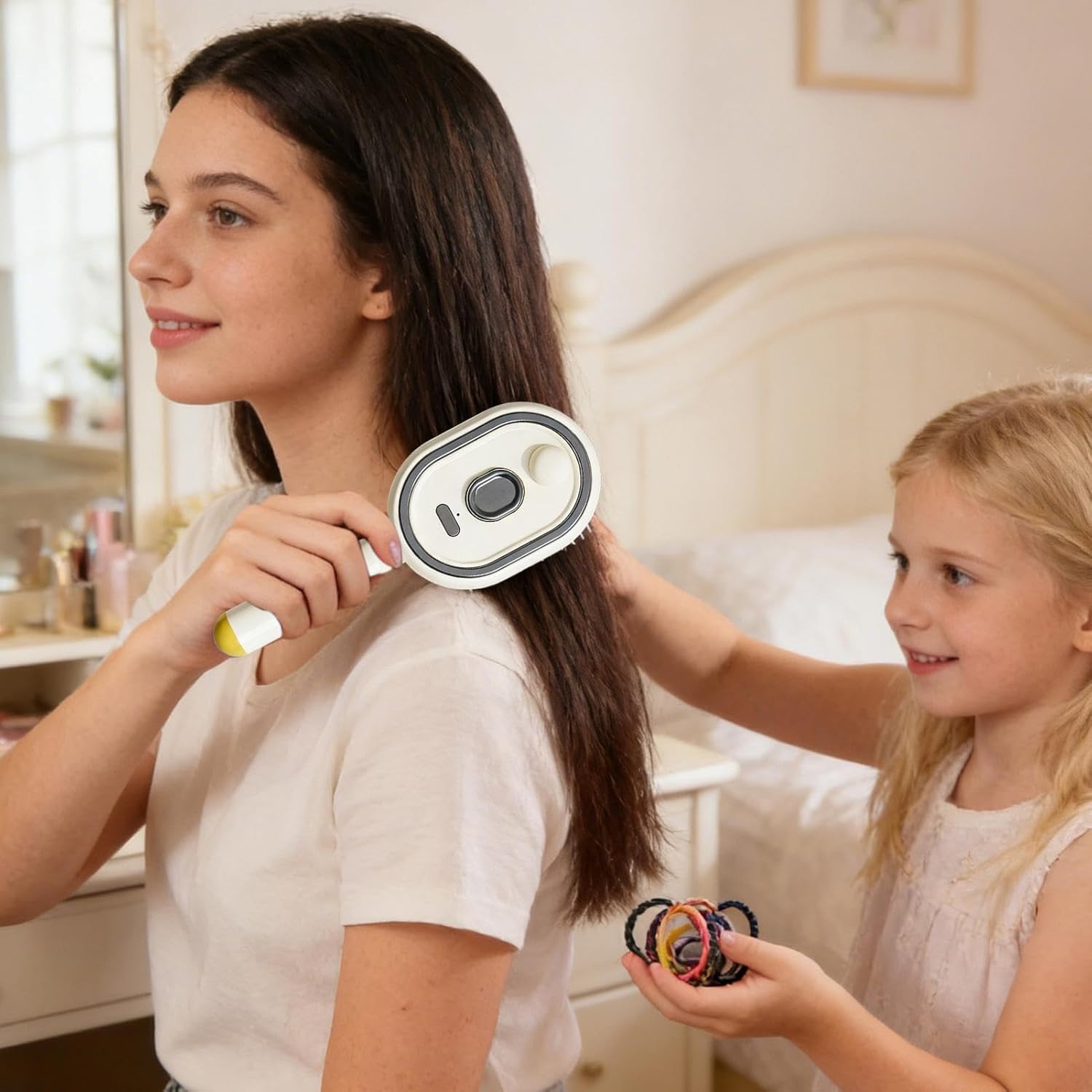 Brosse À Vapeur Électrique Pour Cheveux - 2 En 1 Brosse Lissante Vapeur Avec Huile Et Verre Doseur, Pour Des Cheveux Épais Raides Ondulés Bouclés Lissage Maison Quotidiens Voyage Filles Femmes Couleur Crème